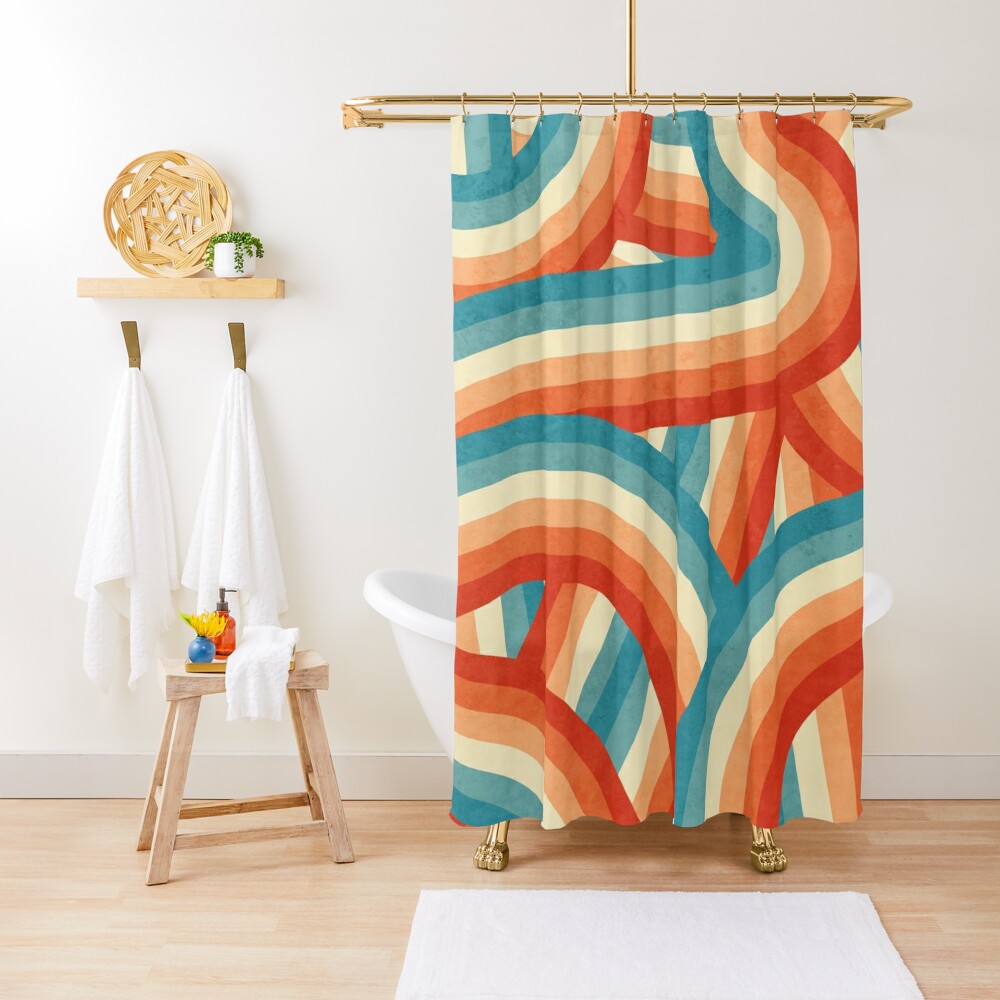 "Red, Orange, Blue and Cream 70’s Style Rainbow Stripes" Shower Curtain