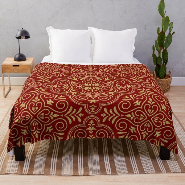 Dark-Red & Gold Glitter Moroccan Motive Geometric Pattern Throw Blanket
