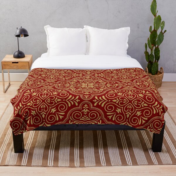 Dark-Red & Gold Glitter Moroccan Motive Geometric Pattern Throw Blanket