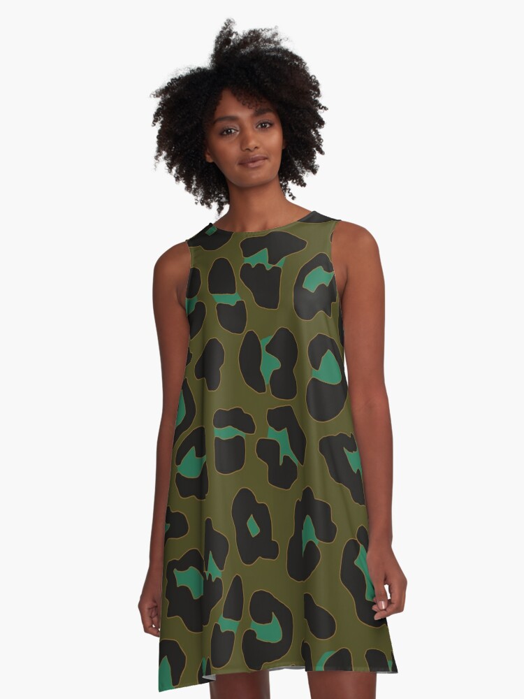 Olive Green Turquoise and Yellow Leopard Spots Print A Line Dress for Sale by OneThreeSix Redbubble