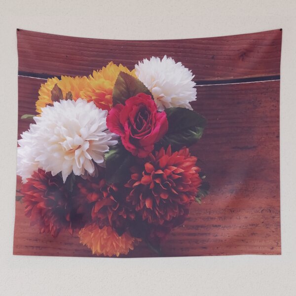 Item preview, red rose and yellow white and brown flower with wood background designed and sold by Mrvell.