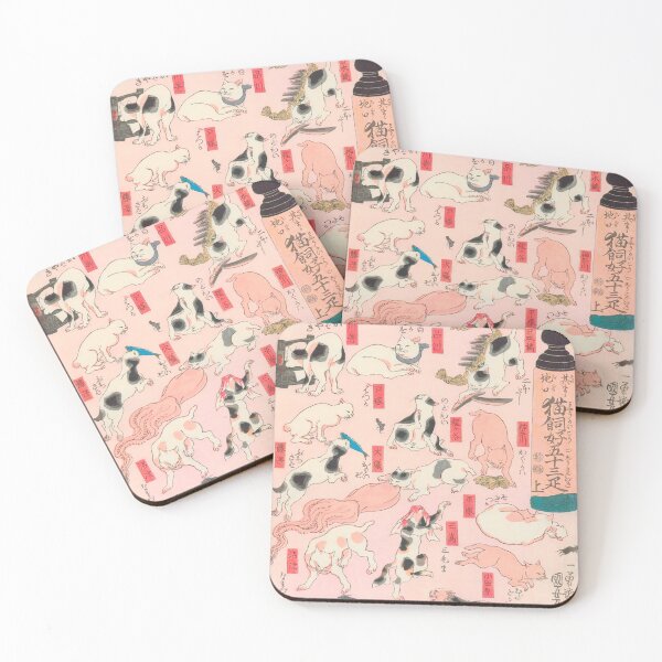 Item preview, Utagawa Hiroshige Japanese Woodblock Cats Pink Pastel Cat Pattern designed and sold by Epitome Girl.