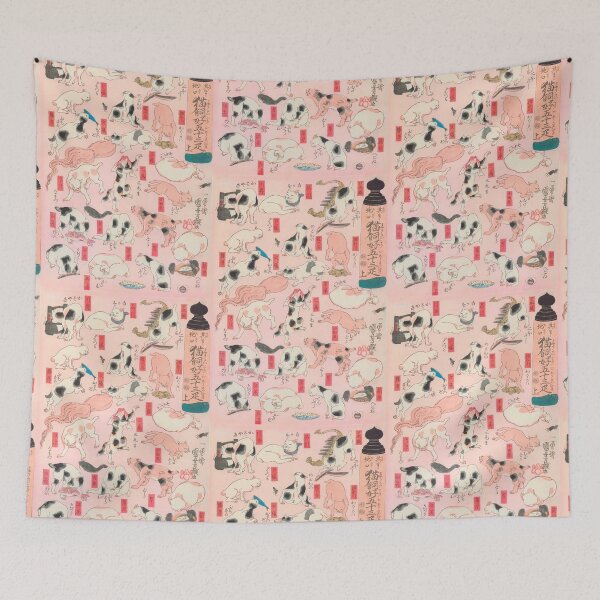 Item preview, Utagawa Hiroshige Japanese Woodblock Cats Pink Pastel Cat Pattern designed and sold by Epitome Girl.