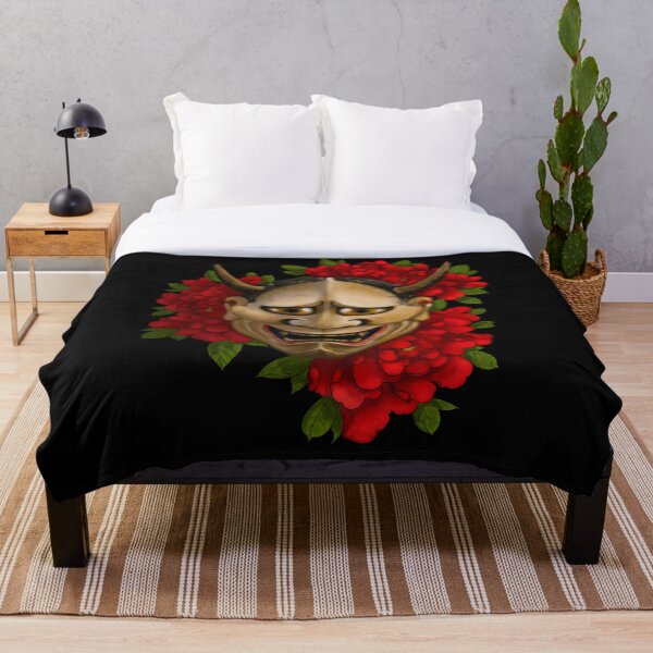 Hannya Mask and peonies Throw Blanket