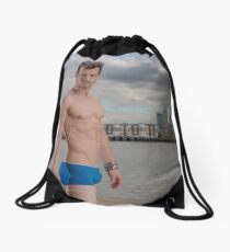 Sexy Male Model, Andrew with View of Docklands Drawstring Bag