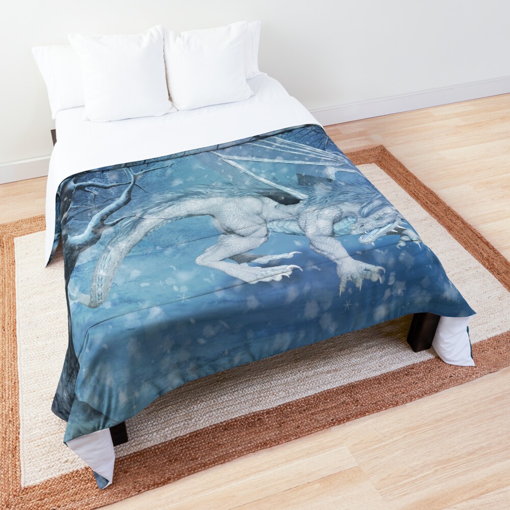Awesome ice dragon in a winter landscape Comforter