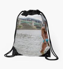 Hot Model on the Thames in London with Kenolivier Drawstring Bag
