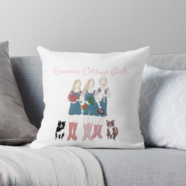 Rosevine Cottage Girls and Border Collies Throw Pillow
