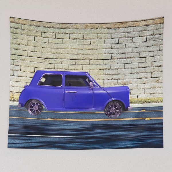 Item preview, blue classic car on the road with brick wall background designed and sold by Mrvell.