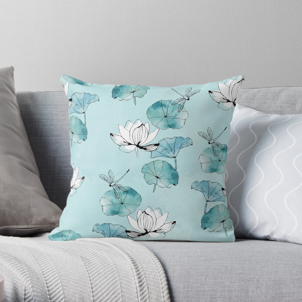 Waterlily dragonfly in green Throw Pillow