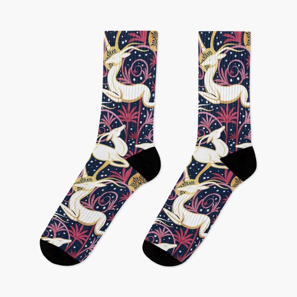 Item preview, Deco Gazelles Christmas Garden // navy background white animals red and metal gold textured decorative elements designed and sold by SelmaCardoso.