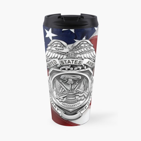 U.S. Army Military Police Corps - Army MP Badge over American Flag Travel Mug