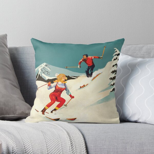 "Gone Skiing" Retro Skiing Art Throw Pillow