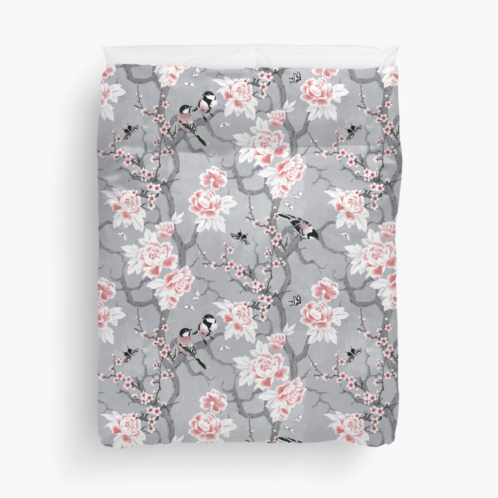 Chinoiserie birds in grey Duvet Cover