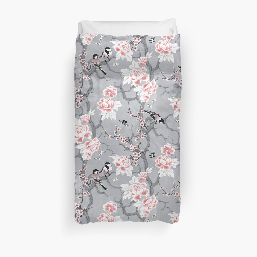 Chinoiserie birds in grey Duvet Cover