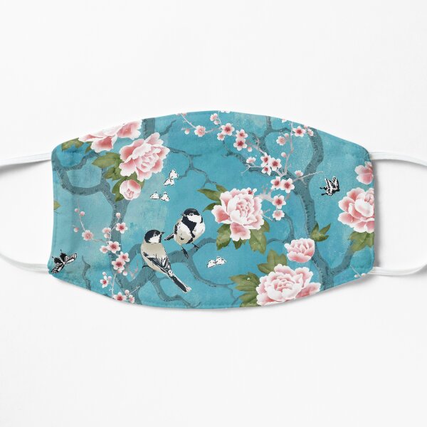 Chinoiserie birds in turquoise blue Flat Mask