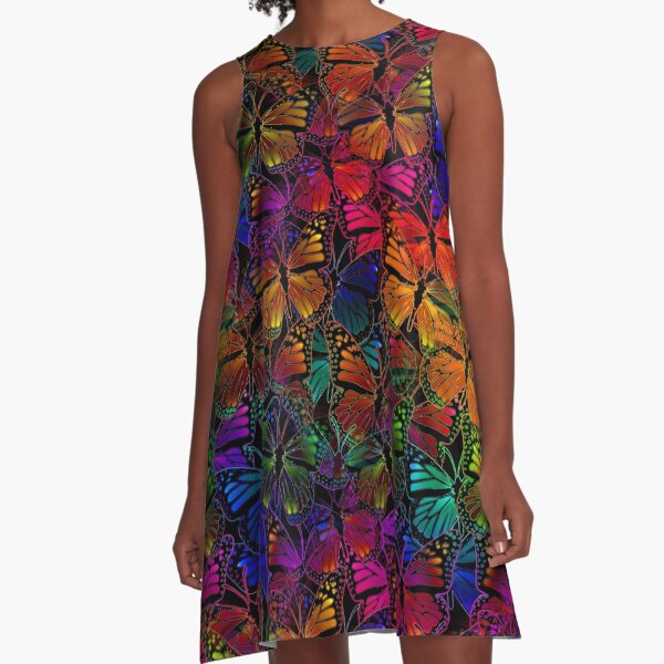 Rainbow Colorful Monarch Butterfly Collage Pattern A-Line Dress