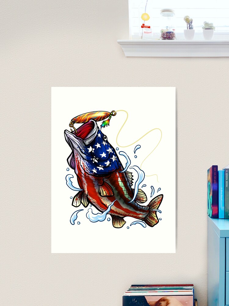 Bass Fishing - American Flag - Fourth Of July | Art Print