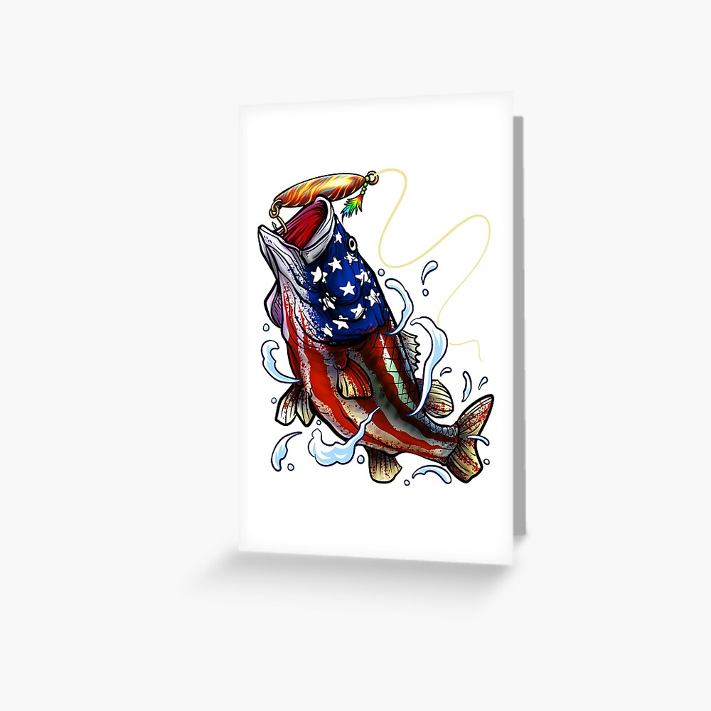 "Bass Fishing - American Flag - Fourth Of July" Greeting Card for Sale