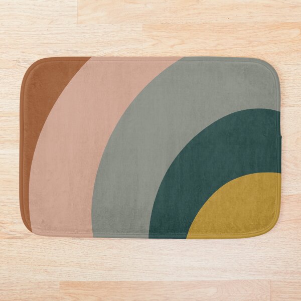 Sound Waves Minimalist Pattern in Mustard Yellow, Teal, Grey, Blush Pink, and Rust Bath Mat