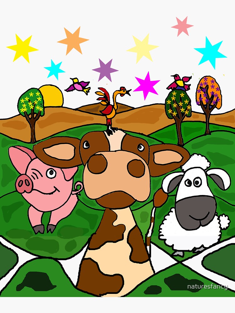 "Funny Farm Animals Art with Cow sheep and pig" Sticker by naturesfancy