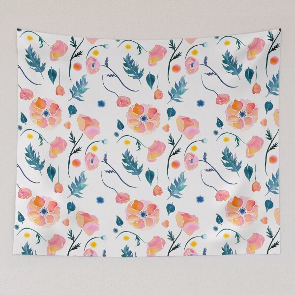 Item preview, Watercolor poppies and leaves  - pink and orange pattern designed and sold by Alisha Watercolors.