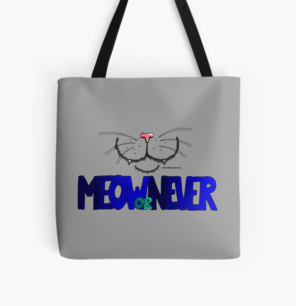Meow or Never & Nosy Cat auf Grau Allover-Print Tote Bag