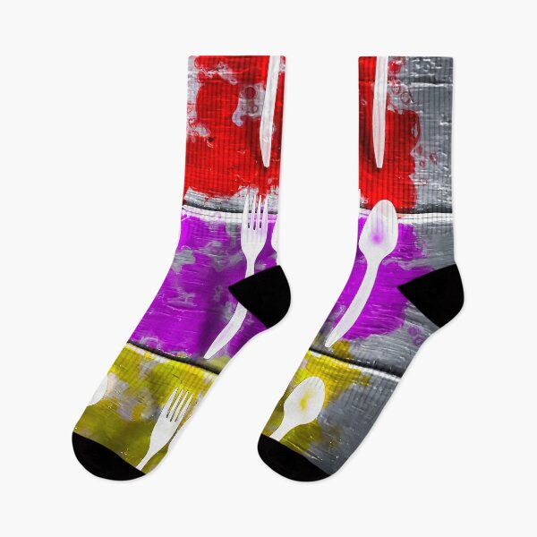 Item preview, fork and spoon with splash painting texture abstract background in pink red yellow designed and sold by Mrvell.