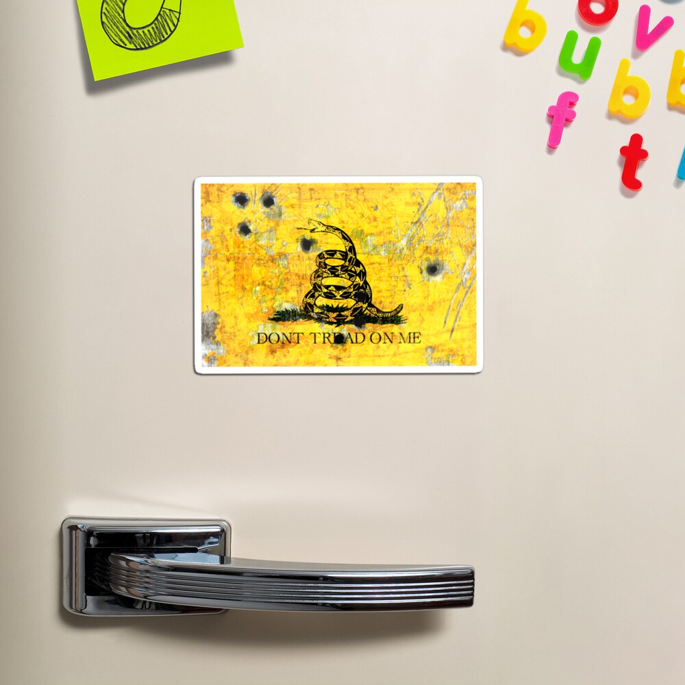 Gadsden Flag on Distressed Metal With Bullet Holes Magnet