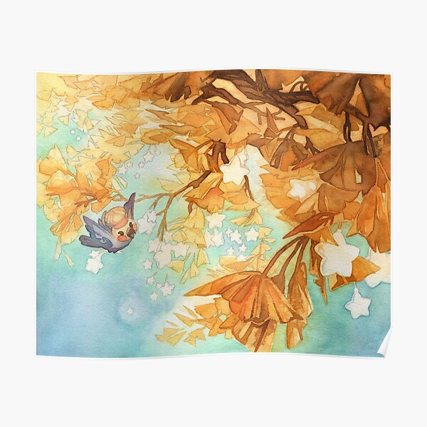 Ginkgo Leaves Cockatiel Birb in Watercolor Poster