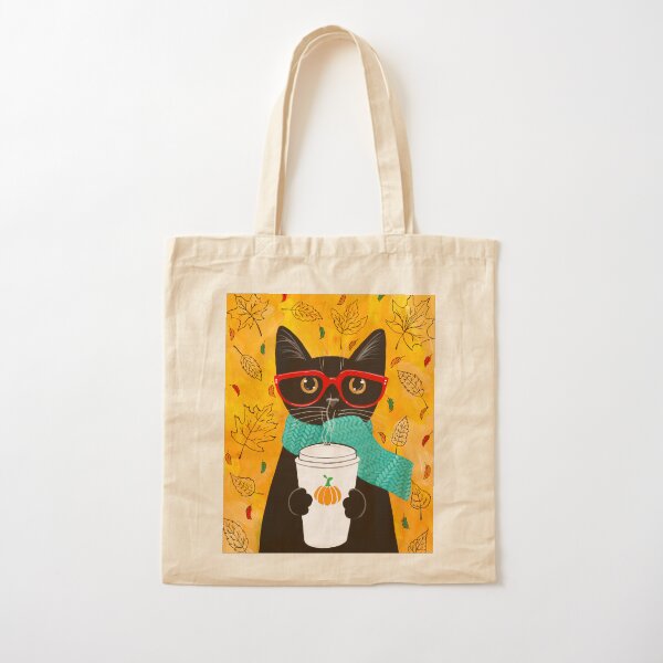 Autumn Pumpkin Coffee Cat Cotton Tote Bag