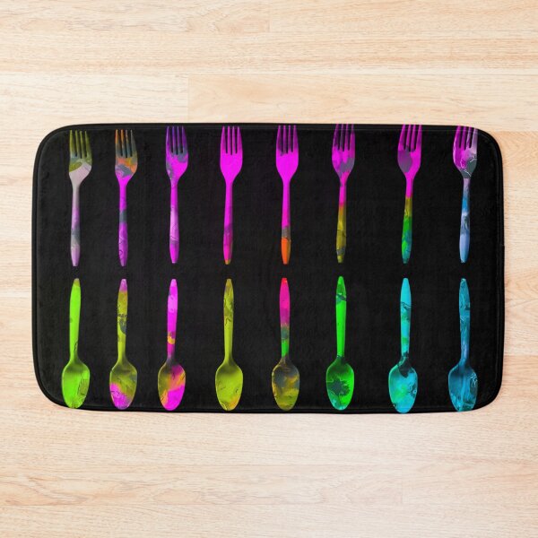 Item preview, fork and spoon pattern in pink blue yellow with black background designed and sold by Mrvell.