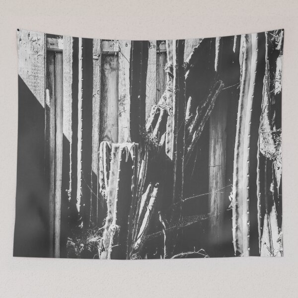 Item preview, cactus with wooden fence background in black and white designed and sold by Mrvell.