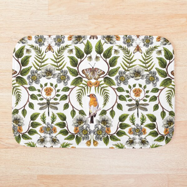 Spring Reflection - Floral/Botanical Pattern w/ Birds, Moths, Dragonflies & Flowers Bath Mat