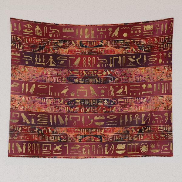 Aperçu de l'œuvre Hiéroglyphes égyptiens or sur texture peinte rouge créée et vendue par Nartissima.