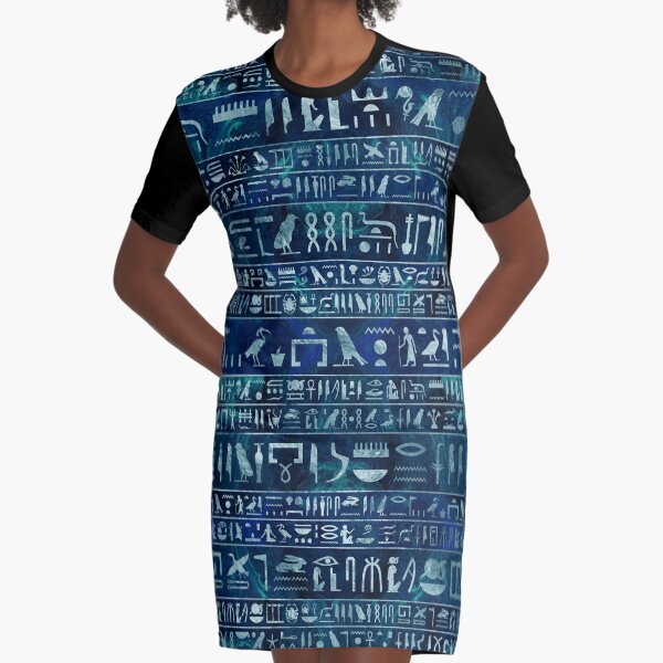 Ägyptische Hieroglyphen - Silber auf blauer gemalter Beschaffenheit T-Shirt Kleid