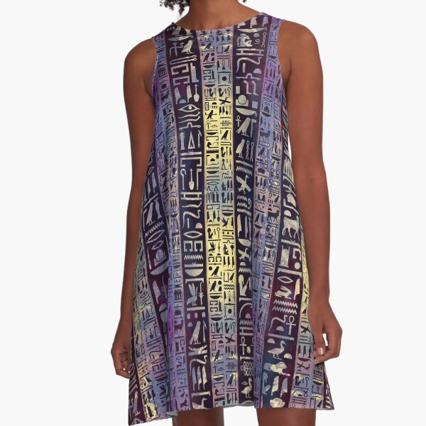 Egyptian hieroglyphs on purple violet painted texture A-Line Dress