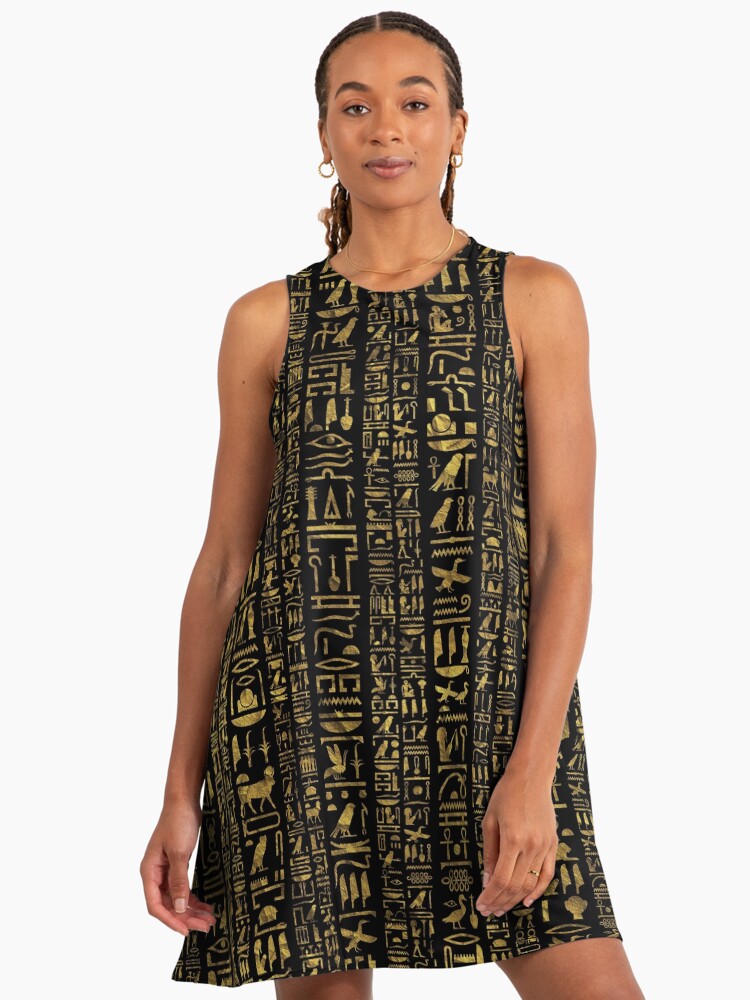 Egyptian Hieroglyphs Vintage Gld On Black Egyptian A-Line Dress