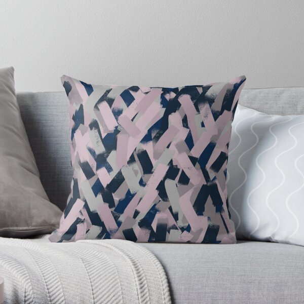 Navy Blue, Grey and Pink Smudgy Brush Strokes Throw Pillow