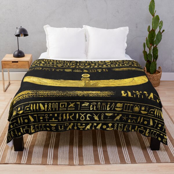 Golden Egyptian God Ornament on black leather Throw Blanket