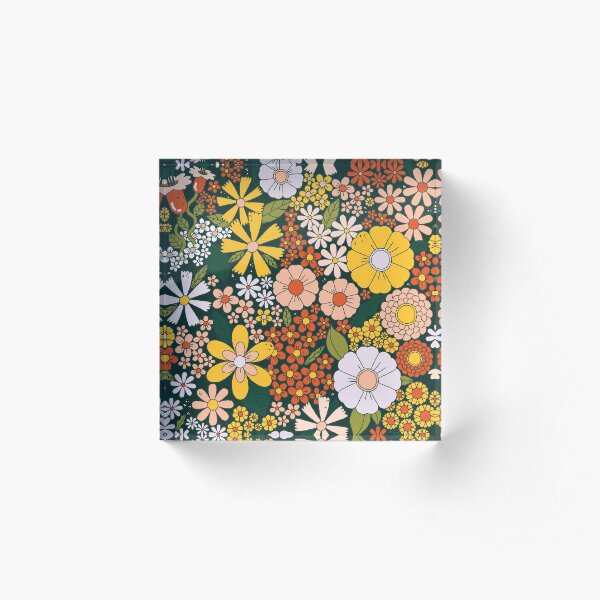 Retro 70's flowers power all over pattern Acrylic Block