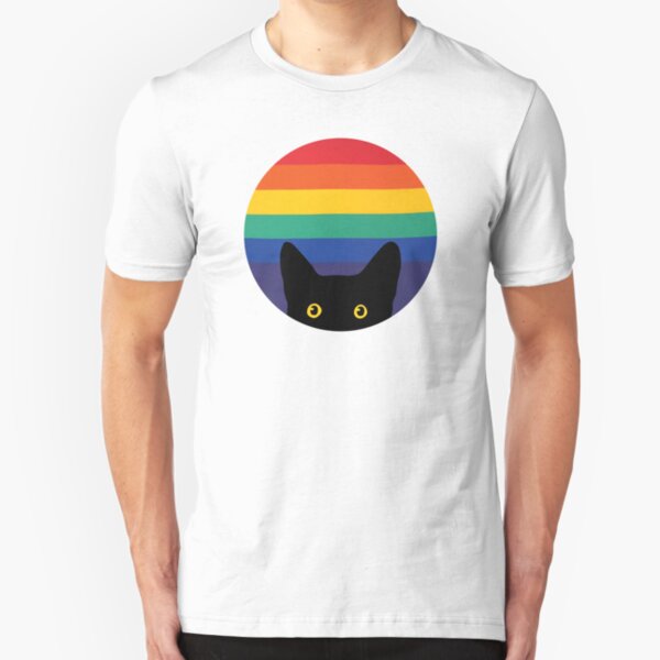 Peeking Cat in Rainbow Circle Slim Fit T-Shirt