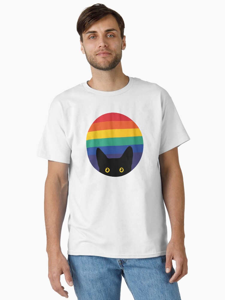 Thumbnail 1 of 7, Classic T-Shirt, Peeking Cat in Rainbow Circle designed and sold by beardsandcats.