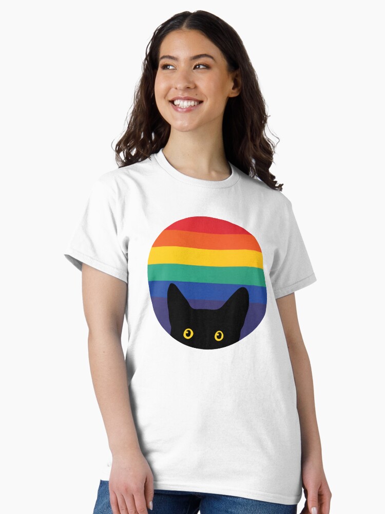 Thumbnail 2 of 7, Classic T-Shirt, Peeking Cat in Rainbow Circle designed and sold by beardsandcats.