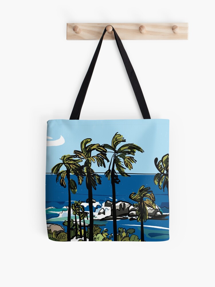 Imagen 1 de 2, Bolsa de tela con la obra Palmeras | Blue Ocean Beach | Bahía de los campos, diseñada y vendida por CovoStudio.