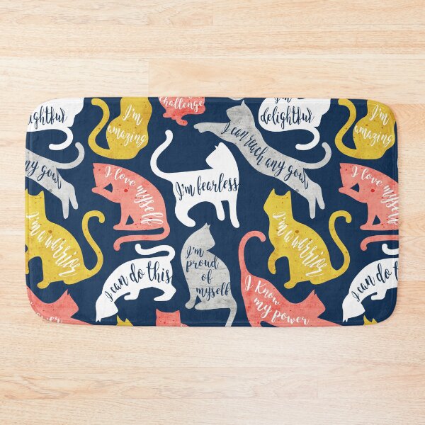 Item preview, Be like a cat // midnight blue background white coral yellow and gray cat silhouettes with affirmations designed and sold by SelmaCardoso.