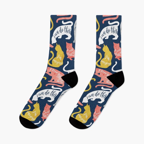 Item preview, Be like a cat // midnight blue background white coral yellow and gray cat silhouettes with affirmations designed and sold by SelmaCardoso.