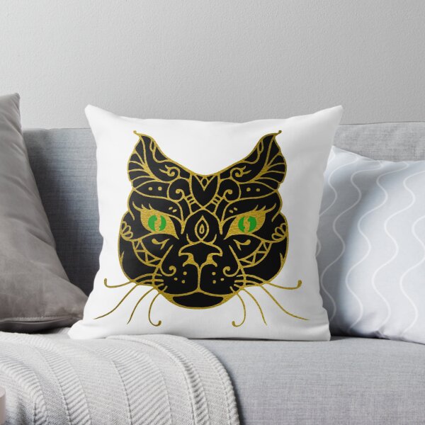 Golden Black Cat With Green Eyes Throw Pillow