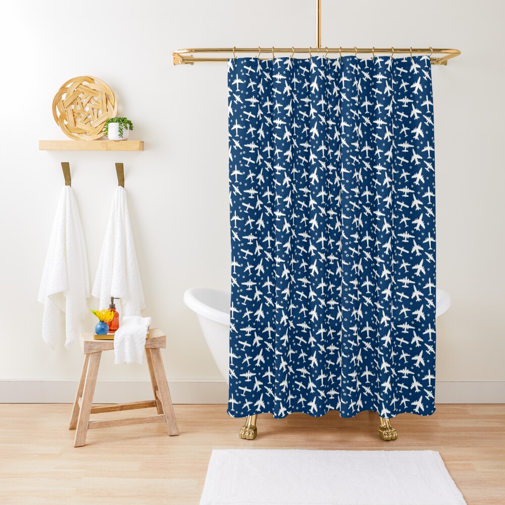 Disover Blue and White Aeroplanes Silhouette Pattern | Shower Curtain