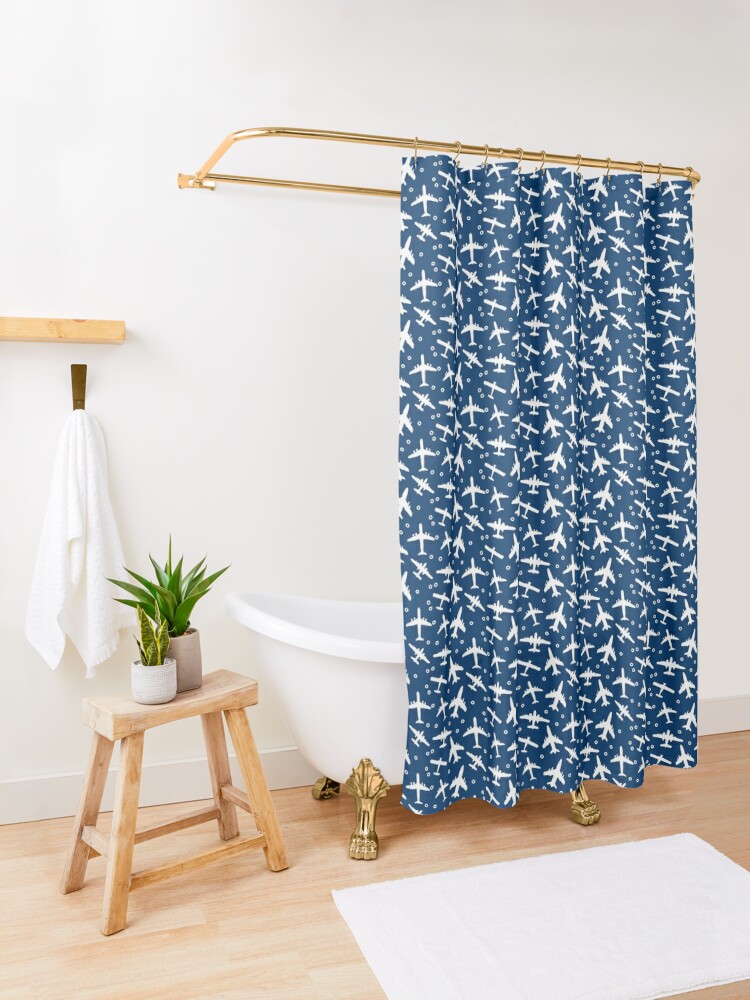 Discover Blue and White Aeroplanes Silhouette Pattern | Shower Curtain